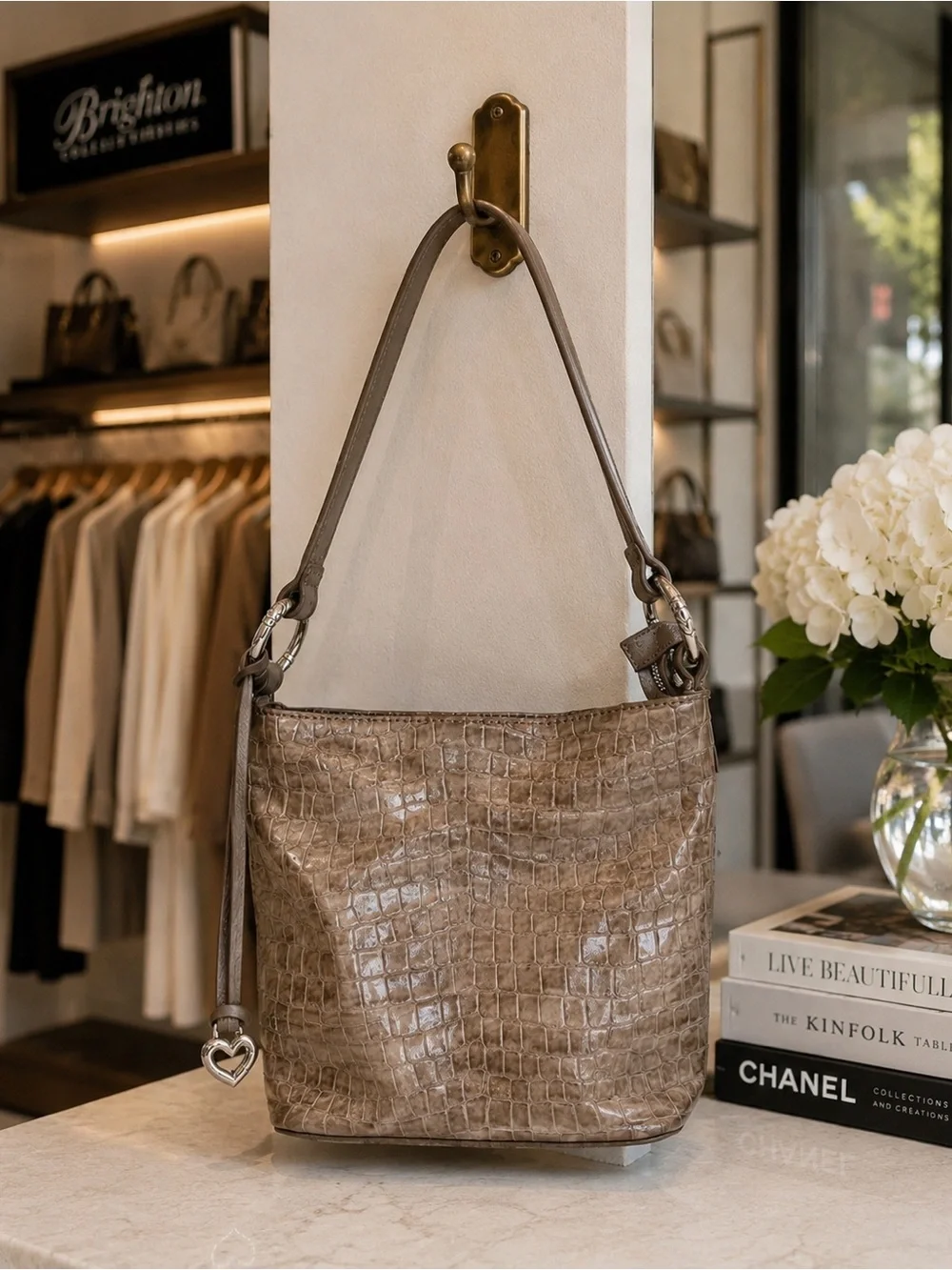 Brighton Cherie Croc Embossed Patent Leather Shoulder Bag Taupe